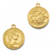 Roestvrij stalen (RVS) Stainless steel bedels munt met schip/gezicht Gold