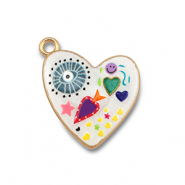 Bedels metaal met enamel hart White-multicolour-gold