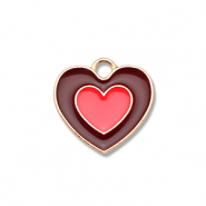 Bedels metaal enamel hart Gold-brown-coral red
