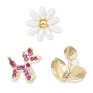 Pins ballon hond / bloem / blad Gold-dark pink-white
