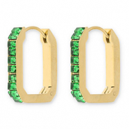 Roestvrij stalen (RVS) Stainless steel oorbellen / creolen rechthoek met strass Gold-green
