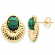 Roestvrij stalen (RVS) Stainless steel oorbellen / oorstekers ovaal Gold-dark green-black