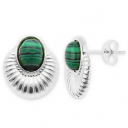 Roestvrij stalen (RVS) Stainless steel oorbellen / oorstekers ovaal Silver-dark green-black
