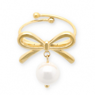 Roestvrij stalen (RVS) Stainless steel ringen strik met parel Gold-white