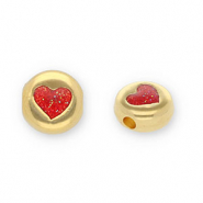Kralen DQ metaal rond met hart Goud-glitter red (Nikkelvrij)