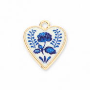 Bedels metaal hart met bloem Gold-white-blue
