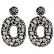 Trendy oorbellen / oorstekers met glaskralen ovaal Black-silver-light blue