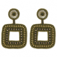 Trendy oorbellen / oorstekers met glaskralen vierkant Olive green
