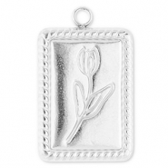 Roestvrij stalen (RVS) Stainless steel bedels rechthoek met tulp Silver