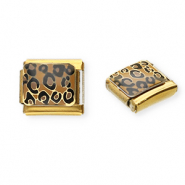 Roestvrij stalen (RVS) Stainless steel Italian charms losse schakels luipaardprint Gold-light brown-black