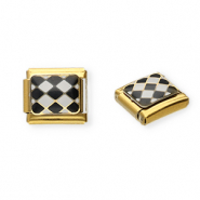 Roestvrij stalen (RVS) Stainless steel Italian charms losse schakels geblokt Gold-black-white