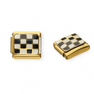 Roestvrij stalen (RVS) Stainless steel Italian charms losse schakels geblokt Gold-black-white
