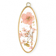 Bedels met gedroogde bloemetjes langwerpig ovaal Gold-light pink