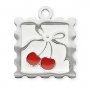 Roestvrij stalen (RVS) Stainless steel bedels vierkant met kersen Silver-red-white