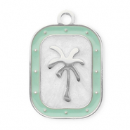 Roestvrij stalen (RVS) Stainless steel bedels rechthoek met palmboom Silver-mint green-white