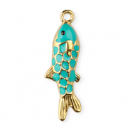 Roestvrij stalen (RVS) Stainless steel bedels enamel vis Gold-turquoise green