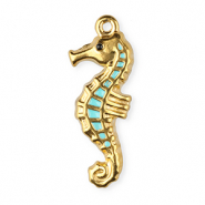 Roestvrij stalen (RVS) Stainless steel bedels enamel zeepaardje Gold-light blue