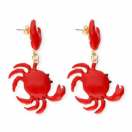 Trendy oorbellen / oorstekers enamel krab met RVS steker Gold-red