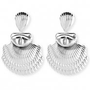 Statement oorbellen&nbsp;/&nbsp;oorstekers schelp geribbeld met RVS steker Silver