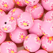 Siliconen kralen 18mm rond met handgeschilderde bloemen Orchid purple-neon pink-yellow