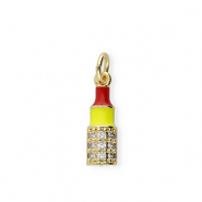 Brass TQ metaal bedels lippenstift met strass Gold-red-yellow-transparent
