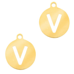 Roestvrij stalen (RVS) Stainless steel bedels 10mm initial coin V Goud
