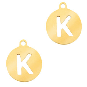 Roestvrij stalen (RVS) Stainless steel bedels rond 10mm initial coin K Goud