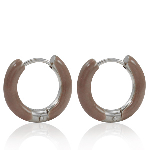 Roestvrij stalen (RVS) Stainless steel oorbellen creolen enamel 16mm Rosewood brown-silver