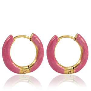 Roestvrij stalen (RVS) Stainless steel oorbellen creolen enamel 16mm Punch pink-gold