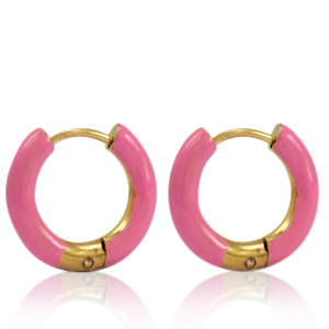 Roestvrij stalen (RVS) Stainless steel oorbellen creolen enamel 16mm Thulian pink-gold