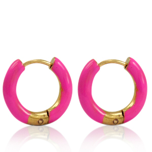 Roestvrij stalen (RVS) Stainless steel oorbellen creolen enamel 16mm Berry pink-gold