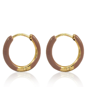 Roestvrij stalen (RVS) Stainless steel oorbellen creolen enamel 14mm Russet brown-gold