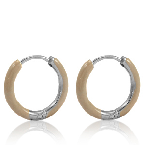 Roestvrij stalen (RVS) Stainless steel oorbellen creolen enamel 14mm Beige brown-silver
