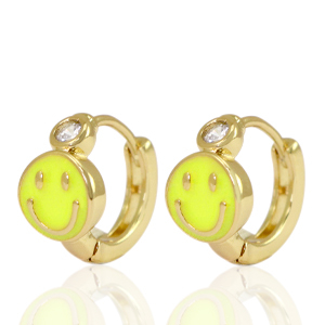 Brass TQ metaal oorbellen creolen enamel smiley Yellow crystal-gold