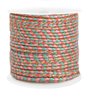 Trendy koord gevlochten 2mm Gold-light pink turquoise