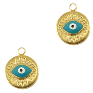 Roestvrij stalen (RVS) Stainless steel bedels alziend oog enamel Gold-turquoise