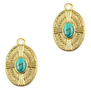 Roestvrij stalen (RVS) Stainless steel bedels ovaal met natuursteen Gold-turquoise