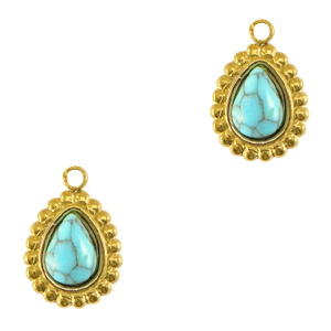 Roestvrij stalen (RVS) Stainless steel bedels druppel met natuursteen Gold-turquoise