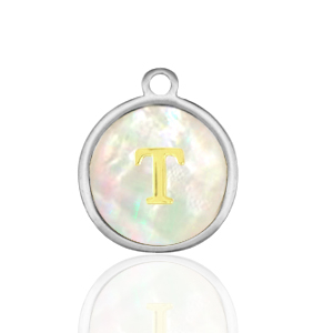 Roestvrij stalen (RVS) Stainless steel bedels 12mm shell initial T White (natuurlijke kleur)-silver