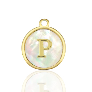 Roestvrij stalen (RVS) Stainless steel bedels 12mm shell initial P White (natuurlijke kleur)-gold