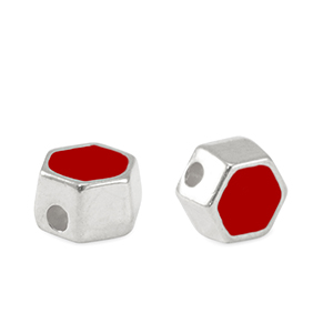 Kralen DQ metaal hexagon Antiek zilver-red (nikkelvrij)