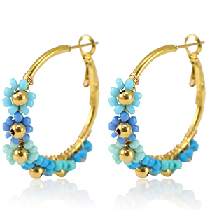 Roestvrij stalen (RVS) Stainless steel oorbellen creolen bloem 35mm Gold-blue