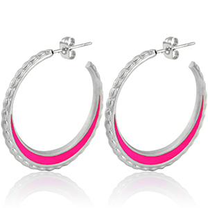 Roestvrij stalen (RVS) Stainless steel oorbellen creolen 30mm Silver-magenta
