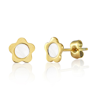 Roestvrij stalen (RVS) Stainless steel oorbellen / oorstekers bloem Goud-parelwit