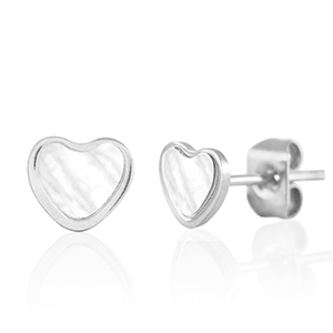 Roestvrij stalen (RVS) Stainless steel oorbellen / oorstekers hart Zilver-parelwit