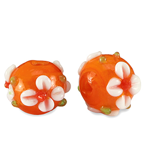 Handgeschilderde glaskralen bloem Orange-white