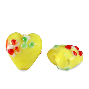 Handgeschilderde glaskralen hart bloem Yellow-red