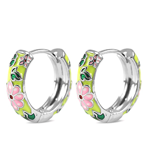 Brass TQ metaal creolen met enamel flower Silver-pink yellow