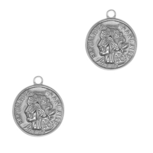 Roestvrij stalen (RVS) Stainless steel bedels muntje Antiek zilver