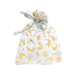 Sieraad zakje organza 9x12cm maan en ster Light grey-gold